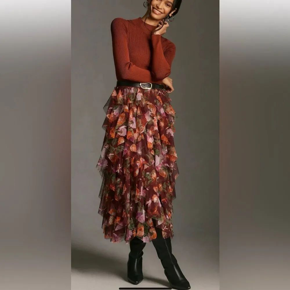Anthropologie The ChΓ©ri RuffledβTulle Midi Skirt
